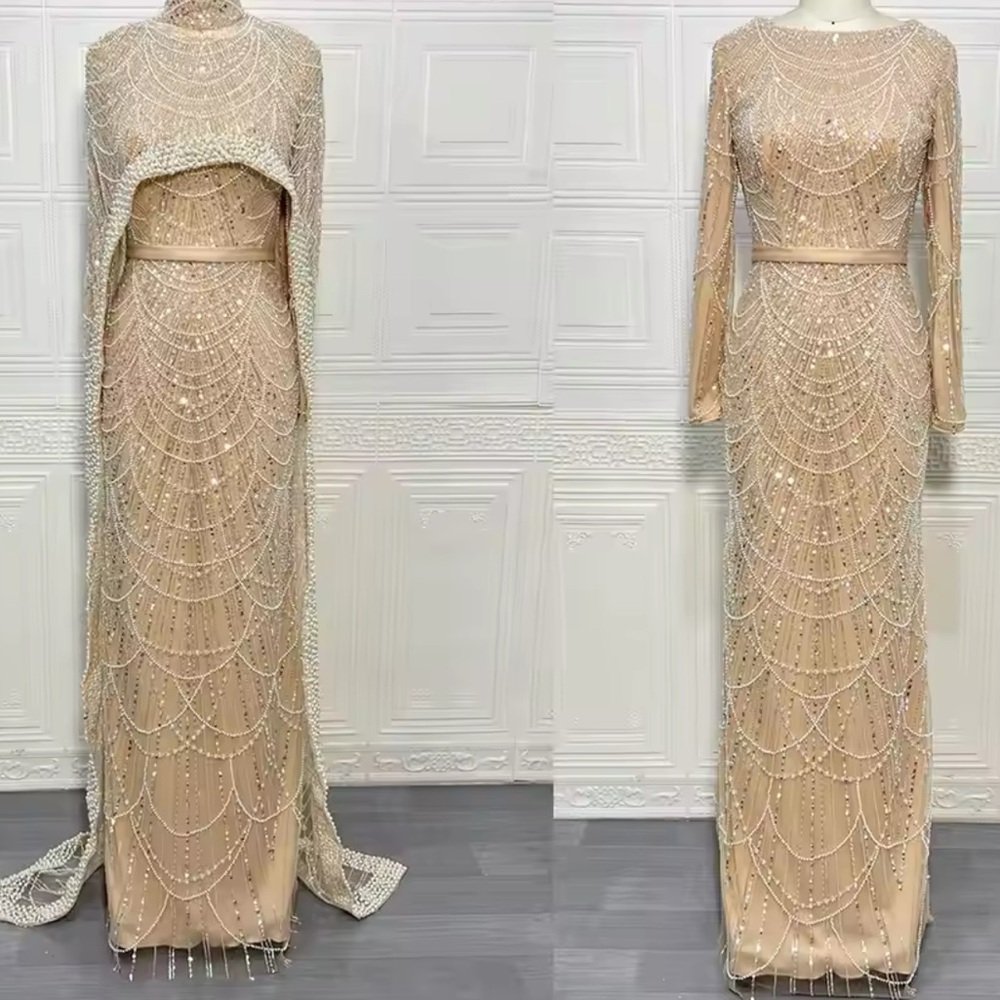 Dubai Arabia  Nude Mermaid  Long  Cape Luxury Evening Dresses Gowns - Picture 8 of 13